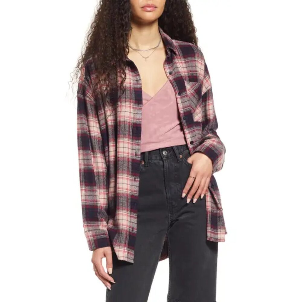 NWOT Nordstrom BP. Boyfriend Plaid Button Up Flannel Shirt Pink Red Size S